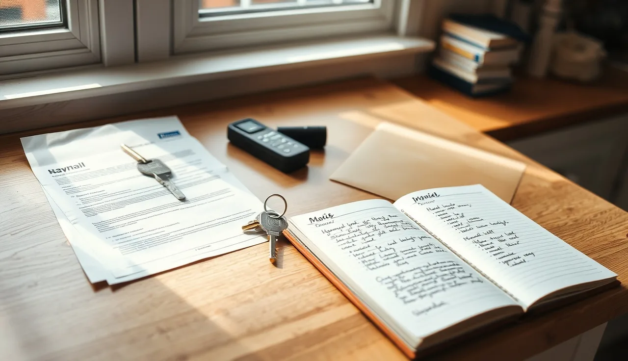 Two sets of household mail and keys on a kitchen counter representing utility account separation during divorce