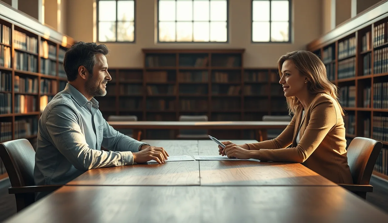 Two people at a wooden table reviewing unsigned divorce settlement papers in quiet afternoon light