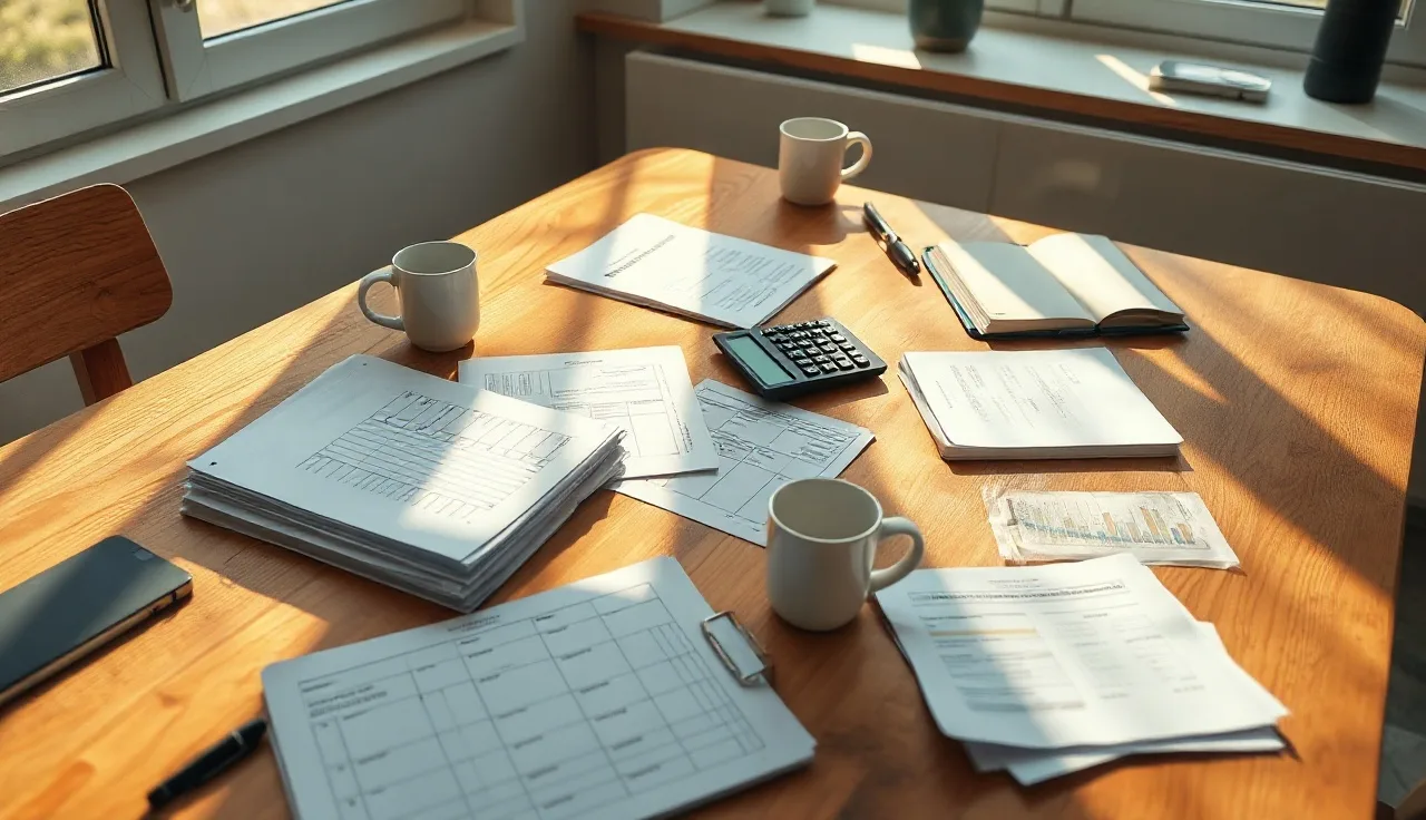 Organized financial folders and calculator on a kitchen table during a marital asset review