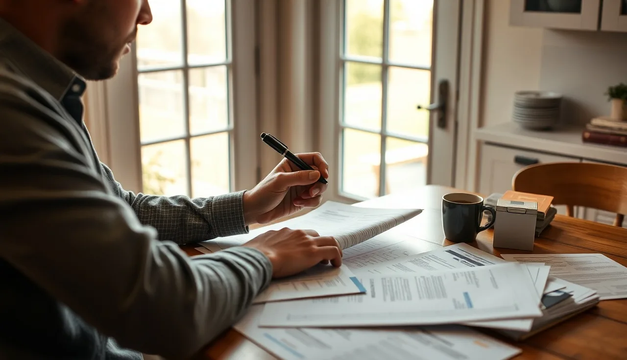 Person reviewing financial statements at kitchen table during divorce process