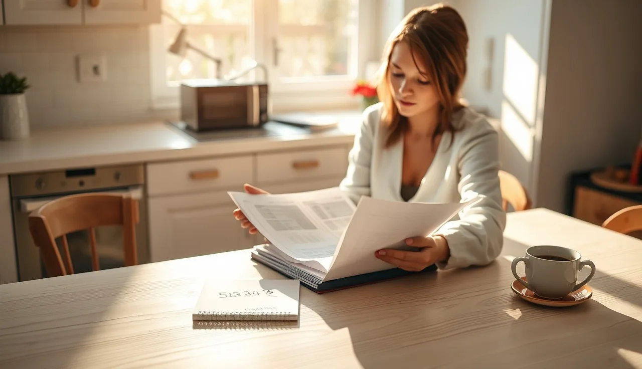 Woman reviewing financial documents at kitchen table during divorce process