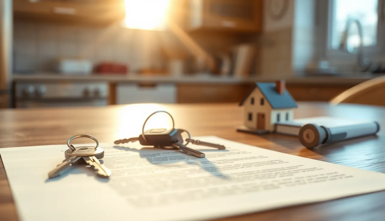 House keys and a signed notarized deed on a wooden table during divorce property transfer
