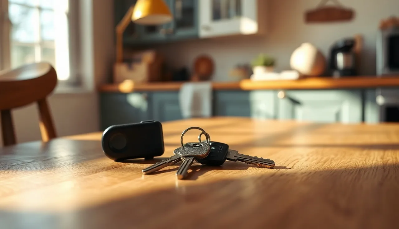 Two sets of house keys on a wooden table symbolizing mortgage transfer after divorce