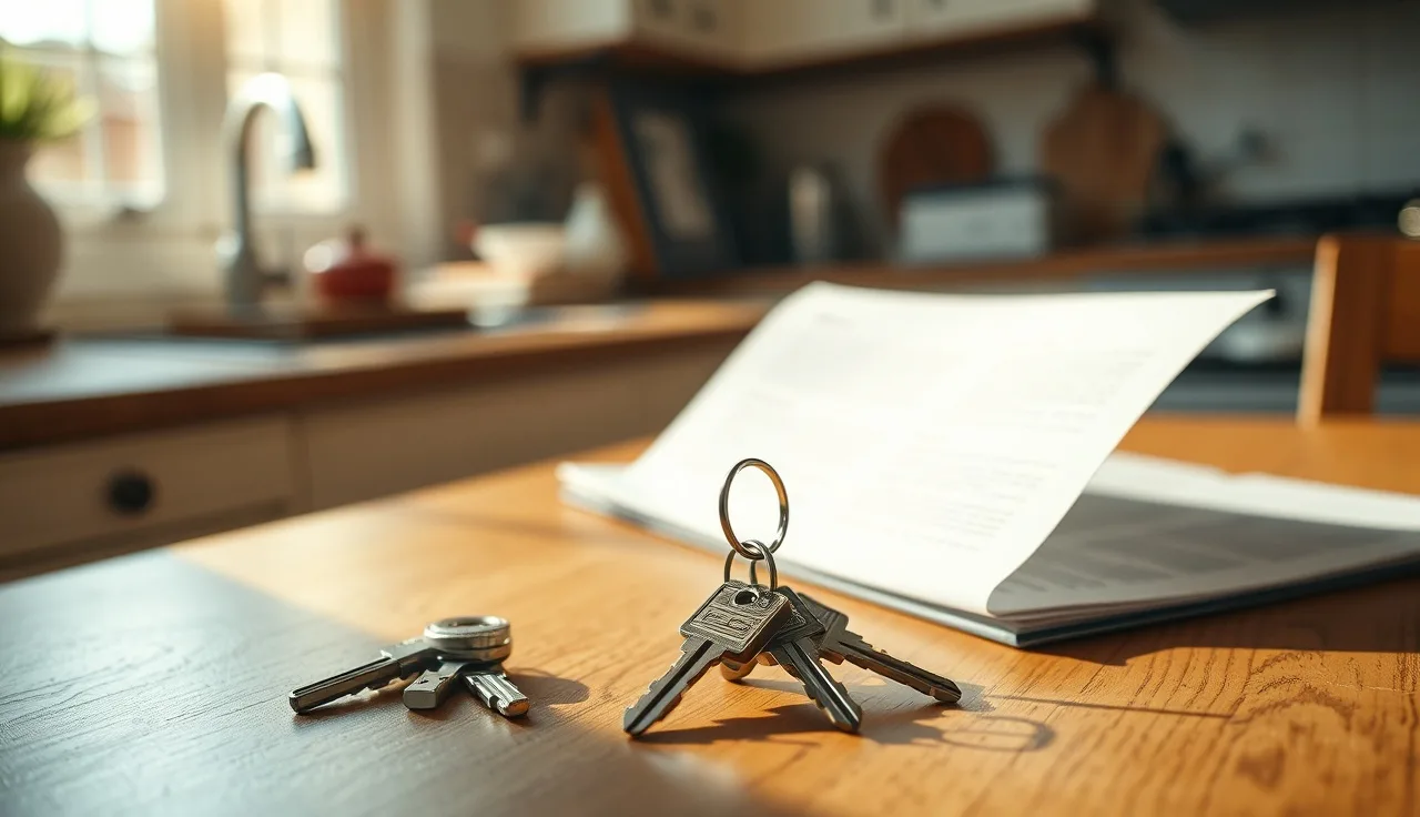 House keys beside a folded deed document on a kitchen table after divorce