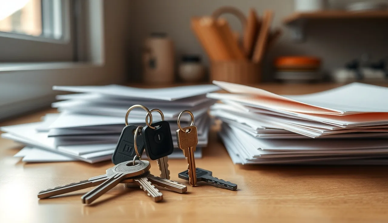 Two sets of keys and separate mail piles on a counter during home separation