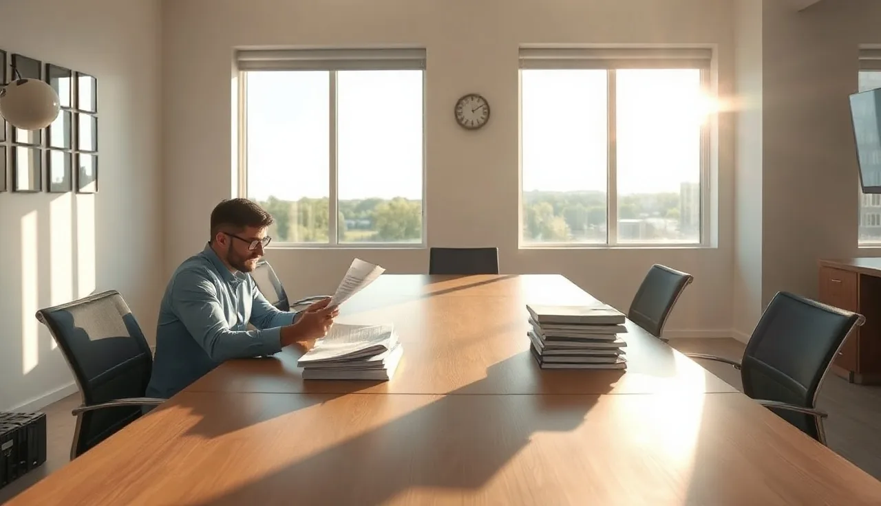 Two people reviewing financial documents at a table while splitting retirement assets in divorce