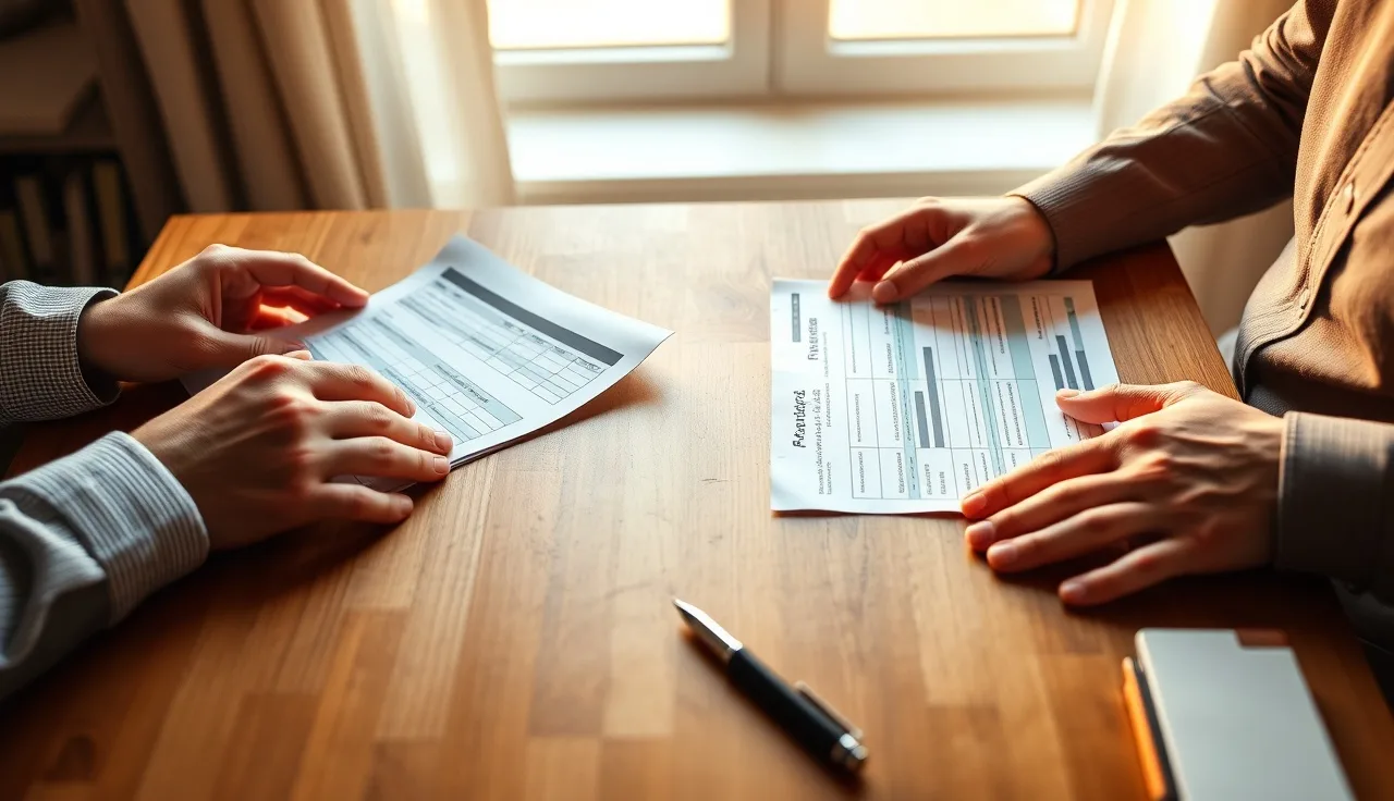 Two people reviewing IRA financial documents during a divorce property settlement
