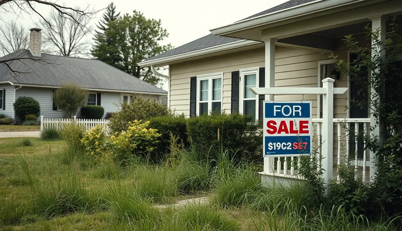 Suburban home with for-sale sign in overgrown yard during divorce property dispute