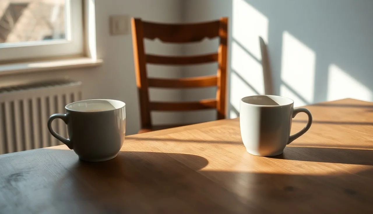 Two coffee cups apart on a kitchen table suggesting divorce and Social Security planning