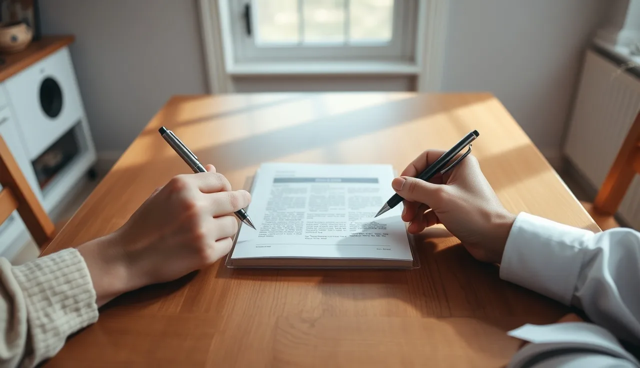 Two people at a table reviewing a shared document to split a tax refund in divorce