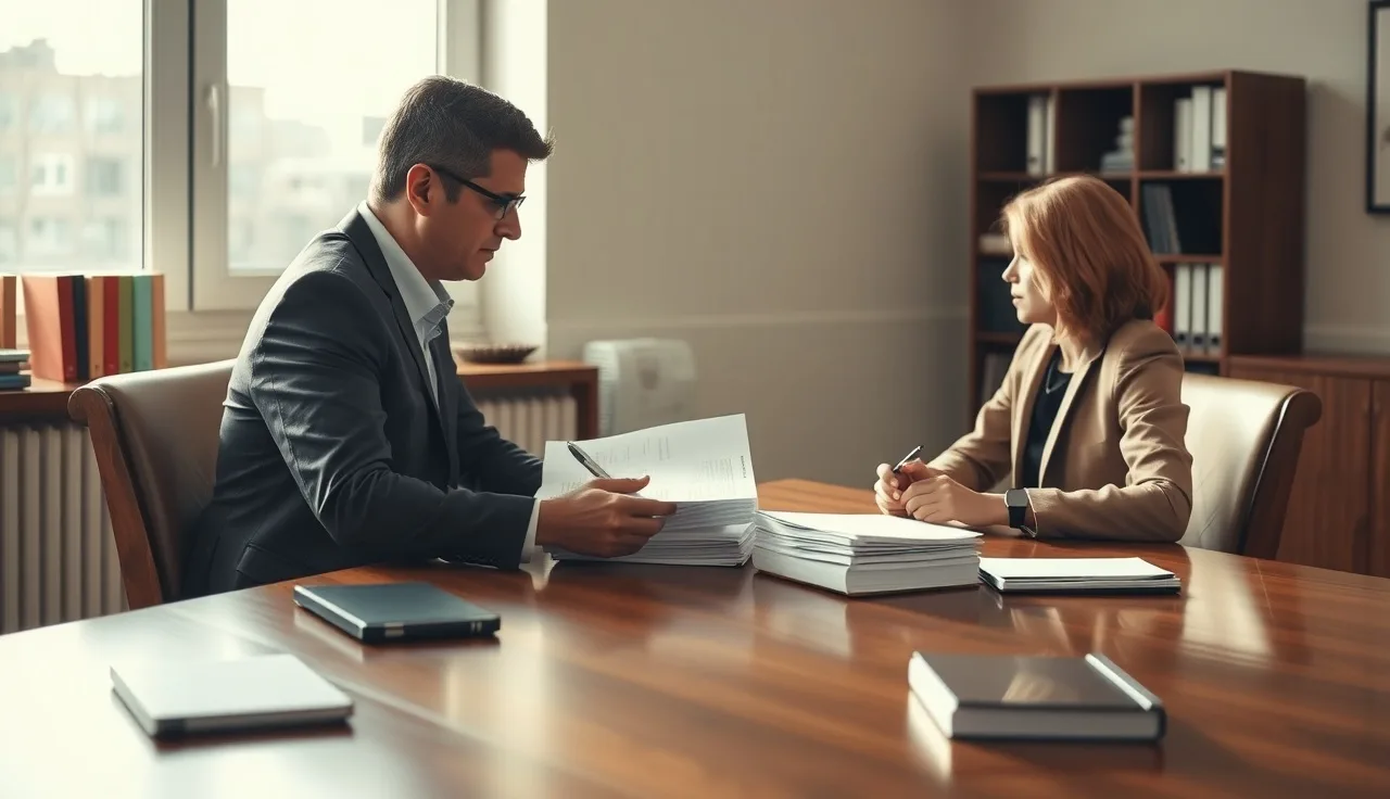 Two people reviewing federal retirement documents at a table during a divorce proceeding