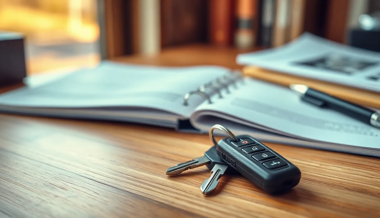 Car keys and paperwork on a wooden desk for a post-divorce title transfer