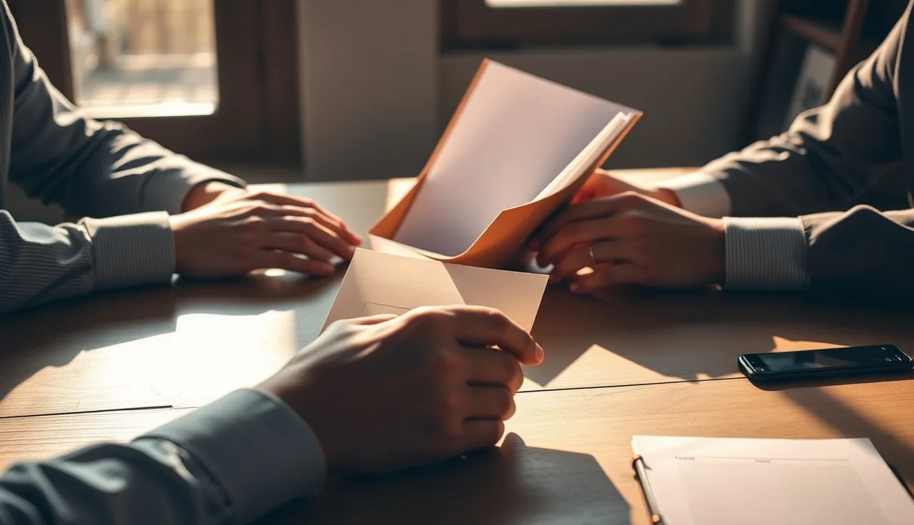 Two people exchanging documents about life insurance policy at a table