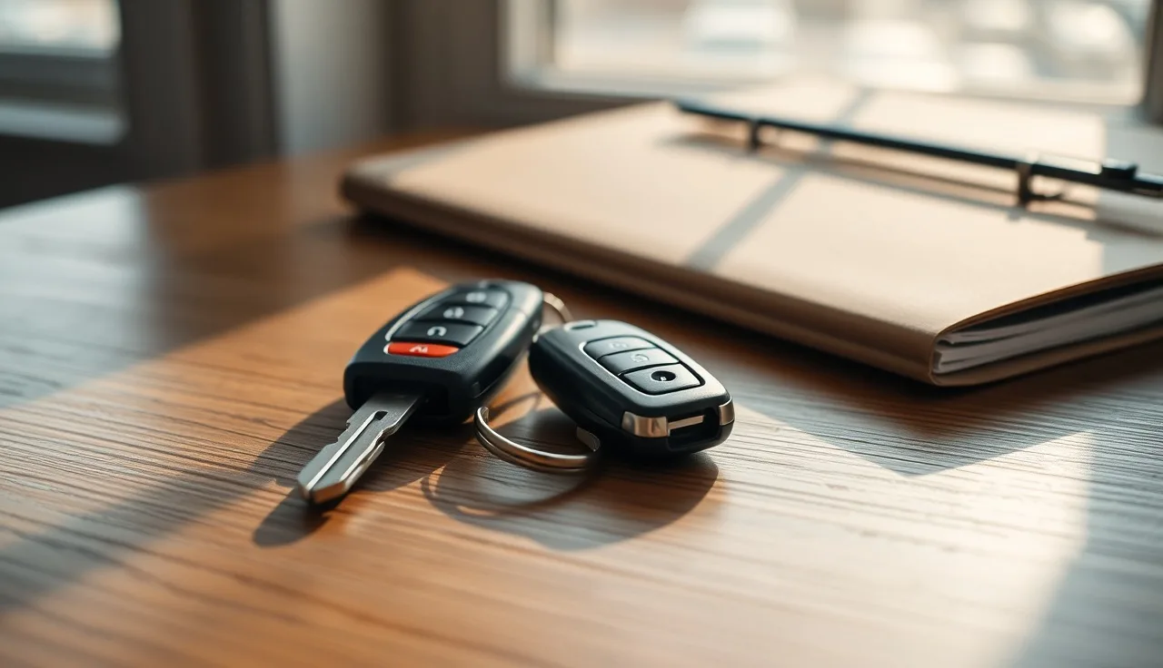 Two sets of car keys and a folder on a wooden table, representing vehicle title transfer in divorce