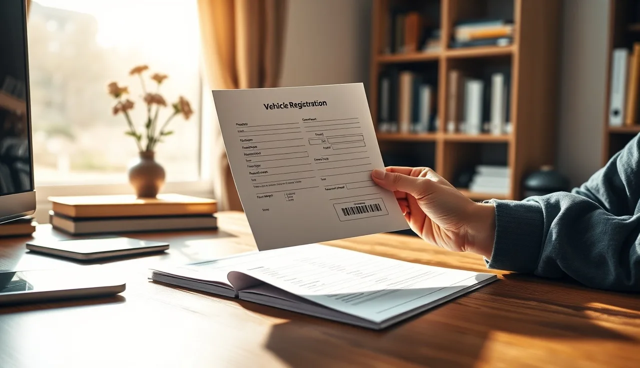 Hands holding a vehicle title document at a wooden desk after divorce
