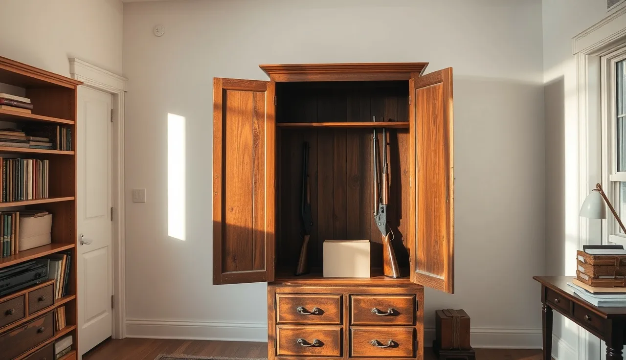 Open empty wooden gun cabinet in a sunlit room during divorce property division