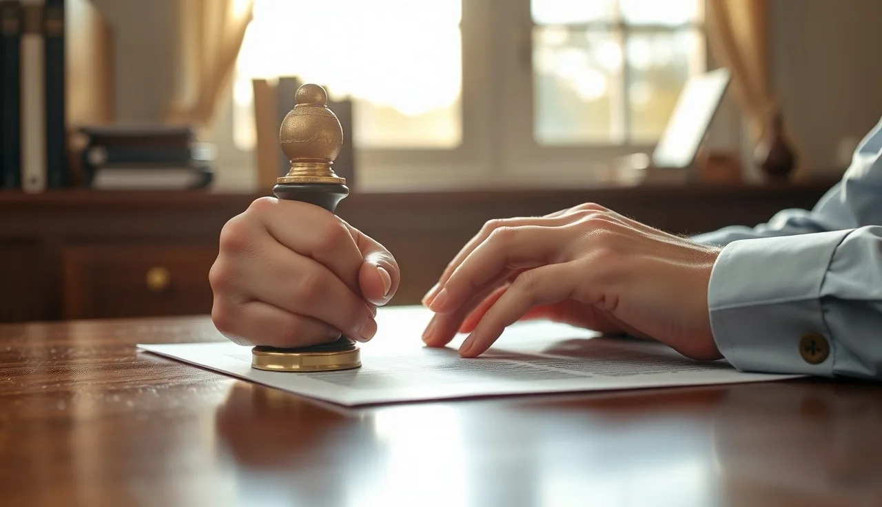 Notary sealing a property transfer deed at a sunlit wooden desk