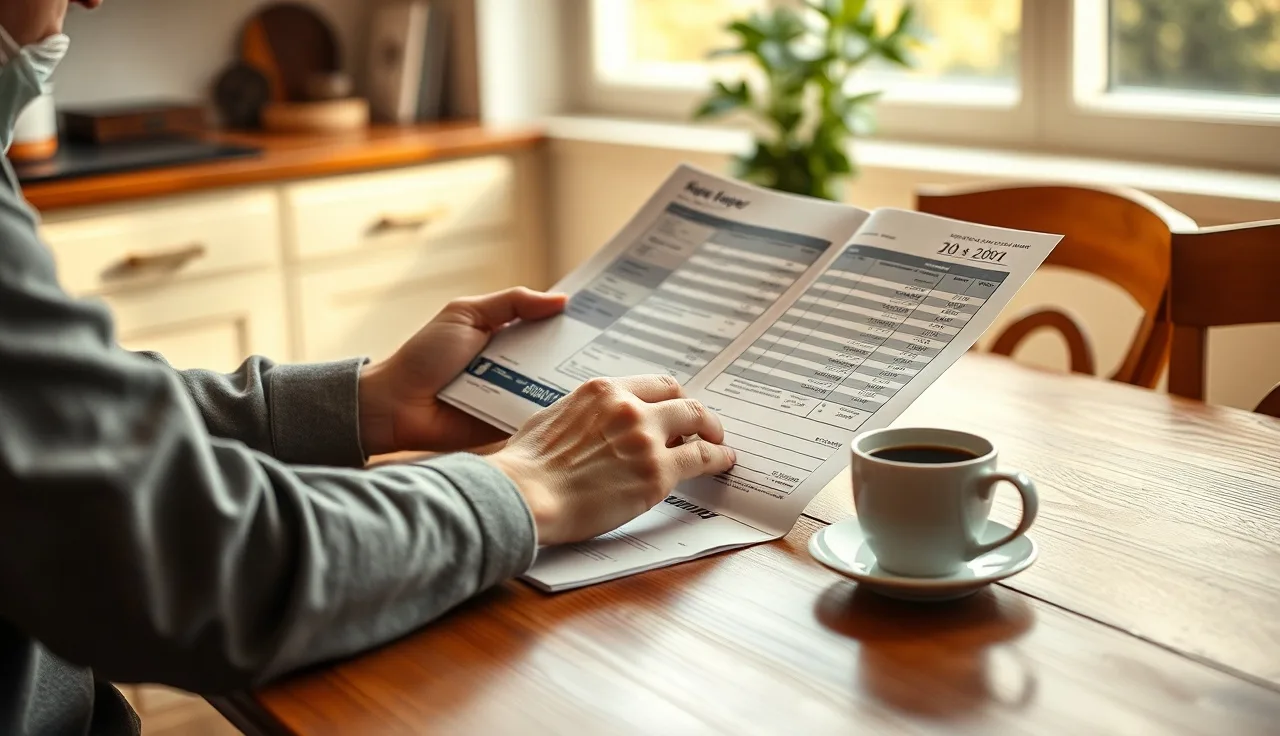Person reviewing stock account statements at a kitchen table for divorce settlement