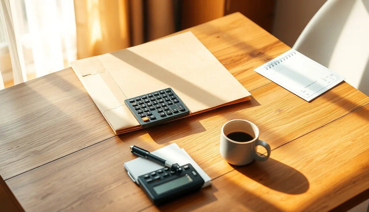 Desk with folder, calculator, and pen used to calculate life insurance value for divorce