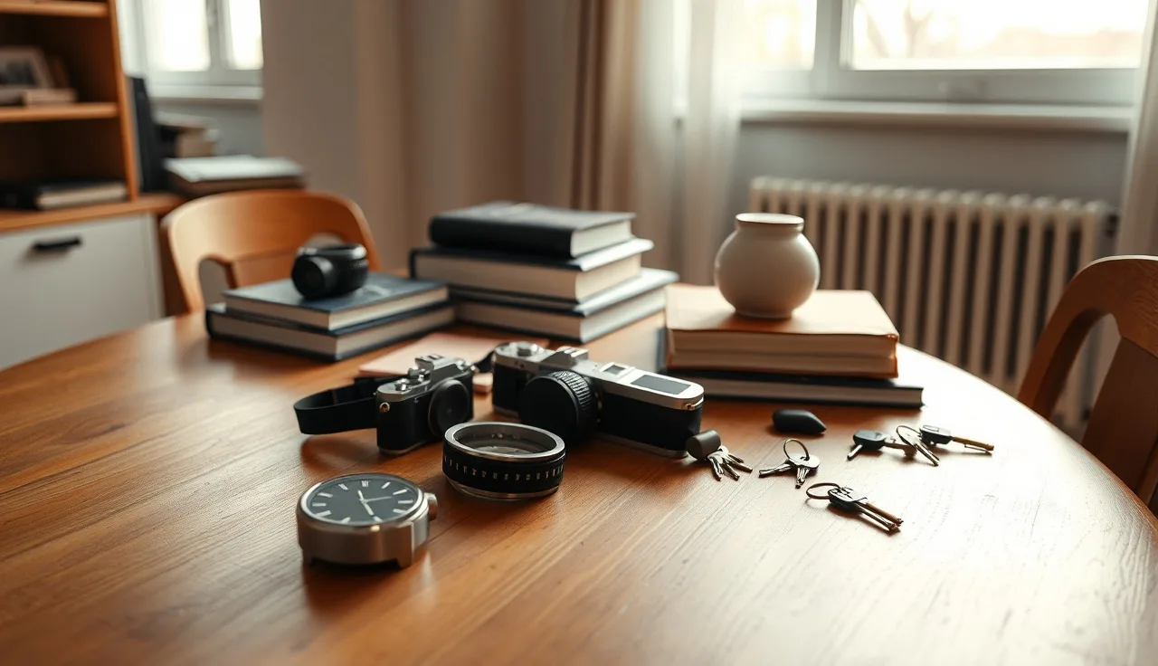 Household personal property items arranged on a table being assessed for division