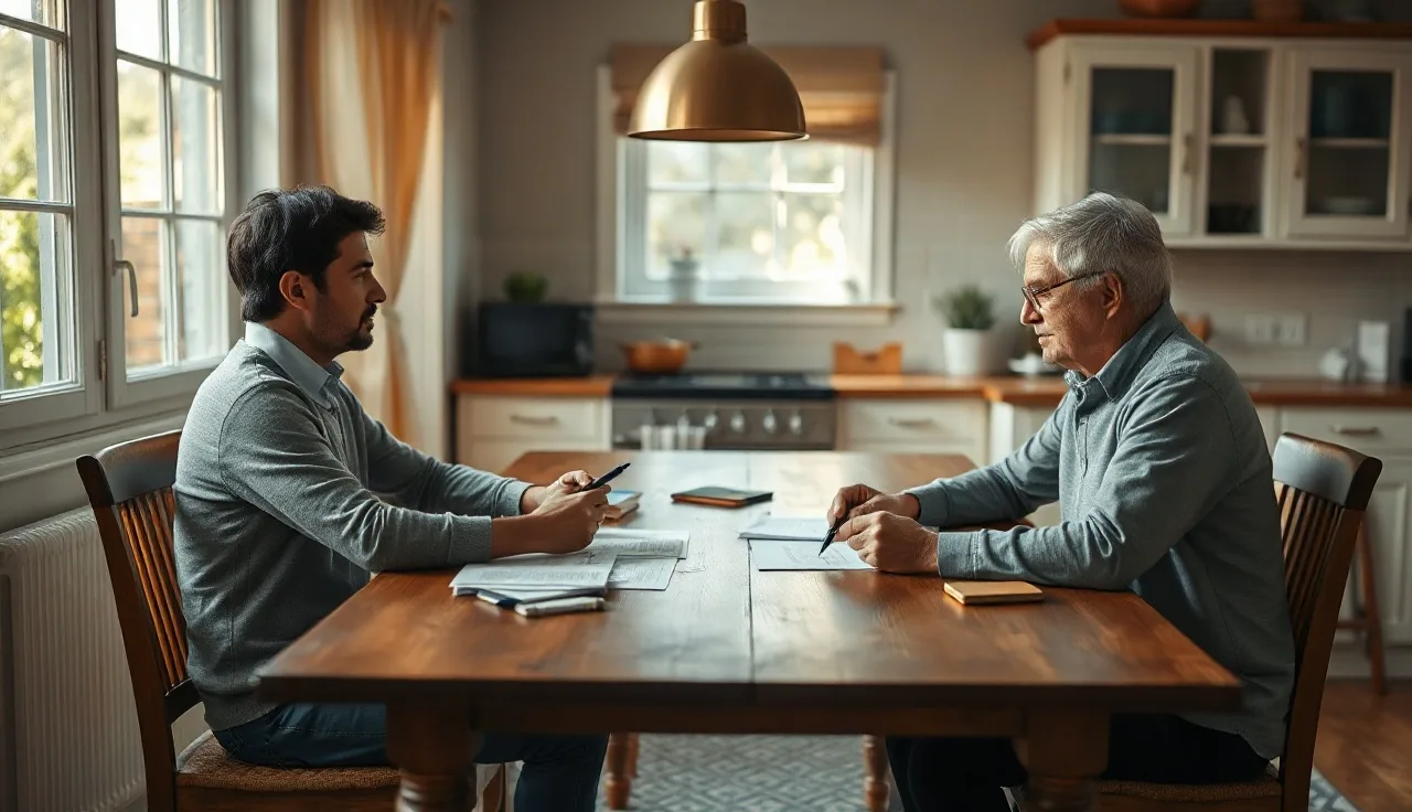 Two spouses reviewing a divorce settlement agreement at a kitchen table