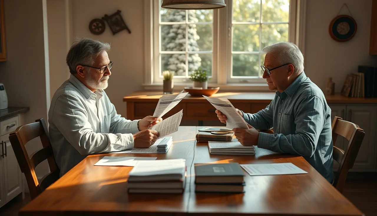 Two adults reviewing financial papers at a kitchen table during divorce process