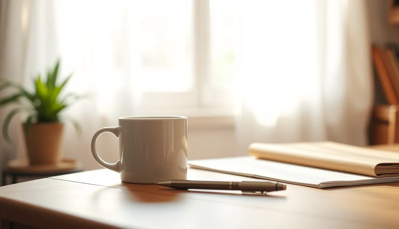 Two coffee mugs and a pen on a table beside a folder during divorce paperwork review