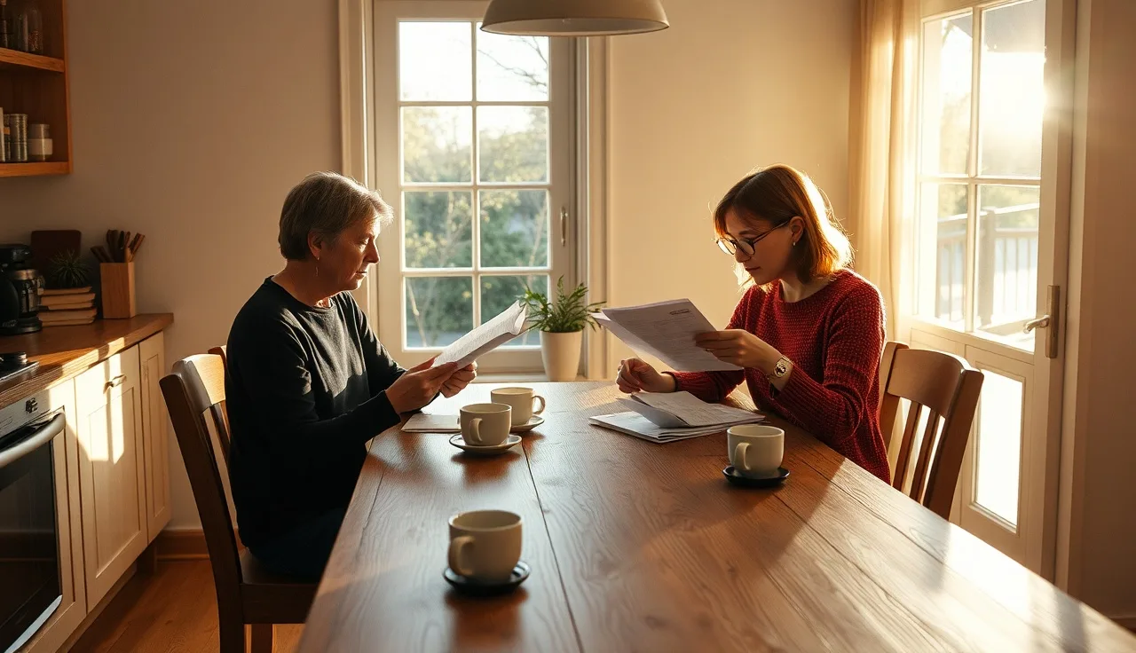 Two people reviewing separation agreement papers at a kitchen table in morning light