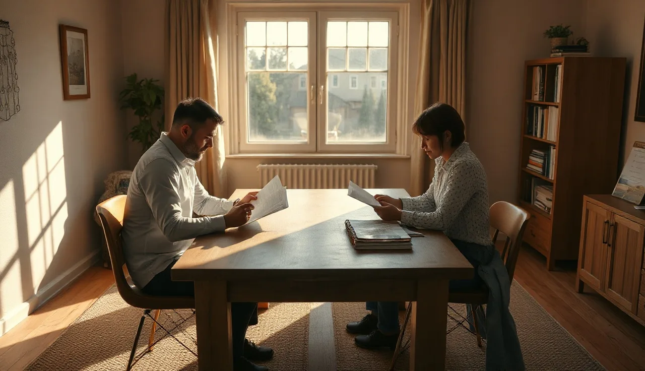 Two people reviewing separation agreement documents at a wooden table