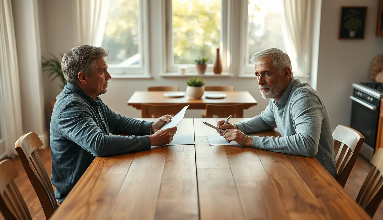 Two people reviewing a separation agreement at a kitchen table