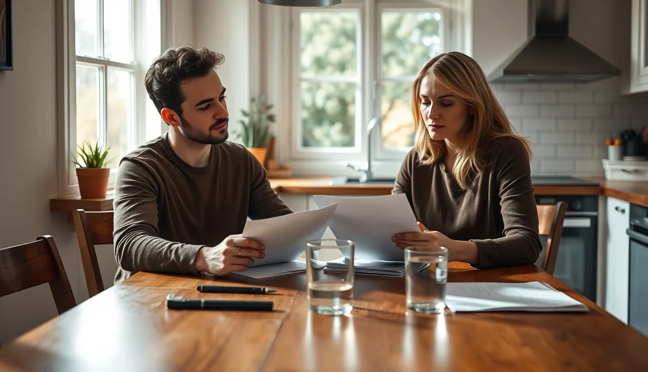 Two people reviewing a spousal support agreement at a kitchen table