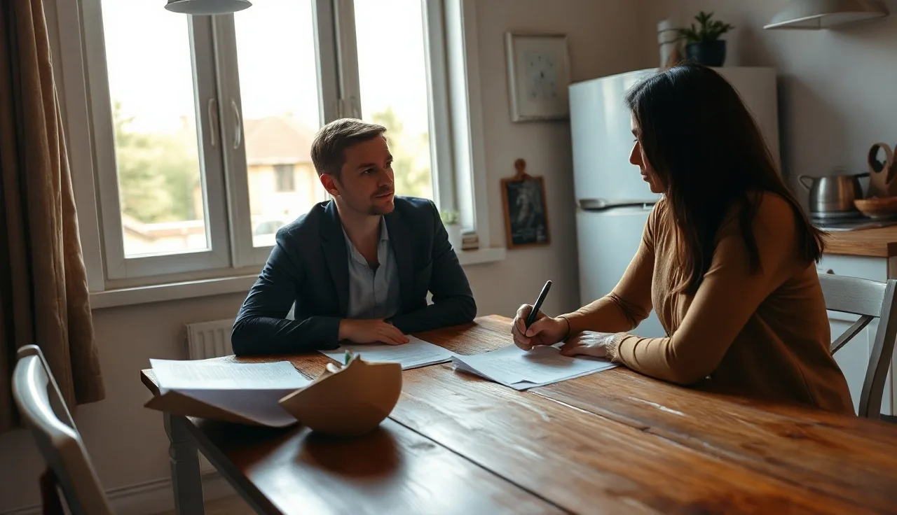 Two spouses reviewing a separation agreement at a kitchen table before signing