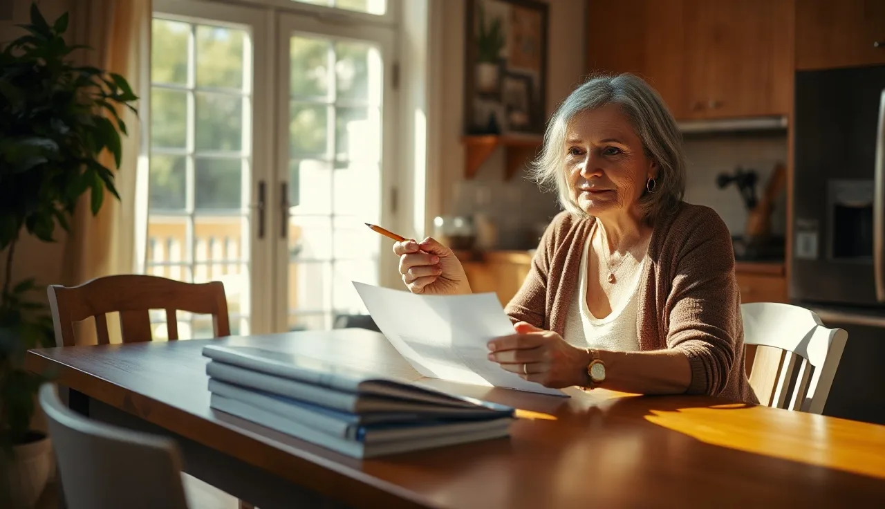 Woman reviewing divorce and alimony documents at a sunlit kitchen table