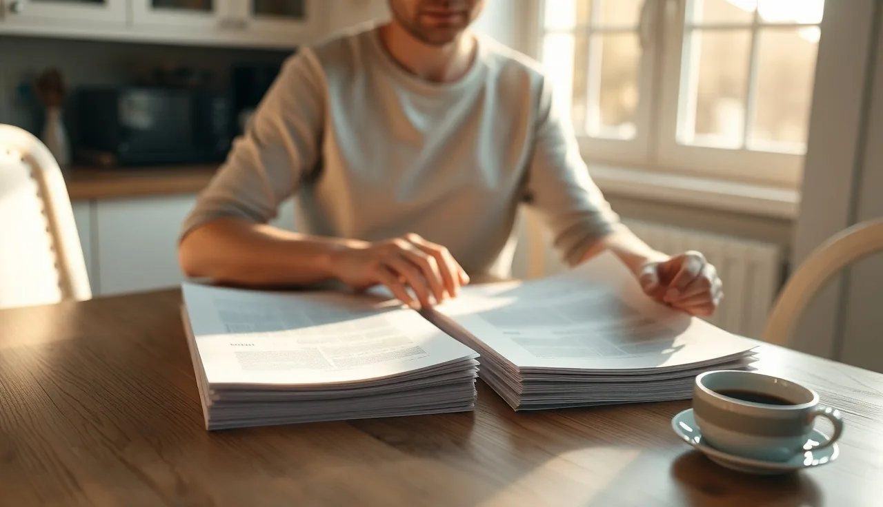 Person reviewing alimony and tax documents at a kitchen table in morning light