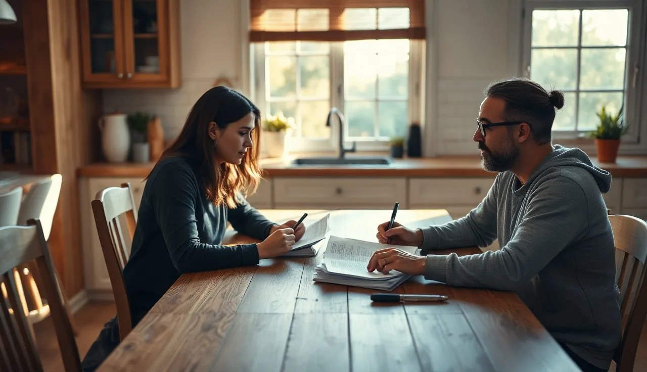 Two people reviewing legal separation paperwork at a kitchen table in morning light