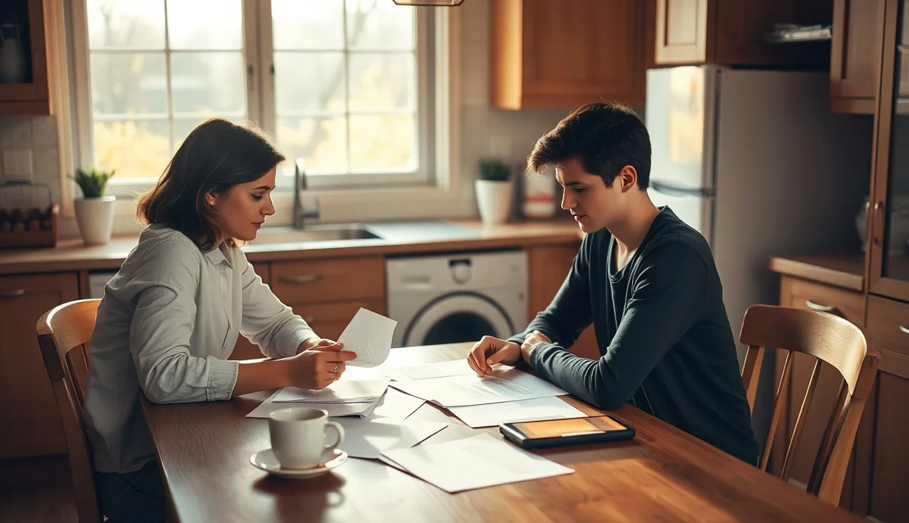 Two people reviewing divorce papers at a kitchen table in afternoon light