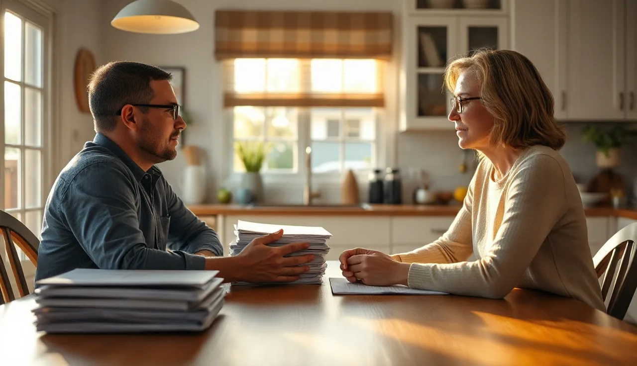 Two spouses reviewing marital separation agreement documents at a sunlit kitchen table