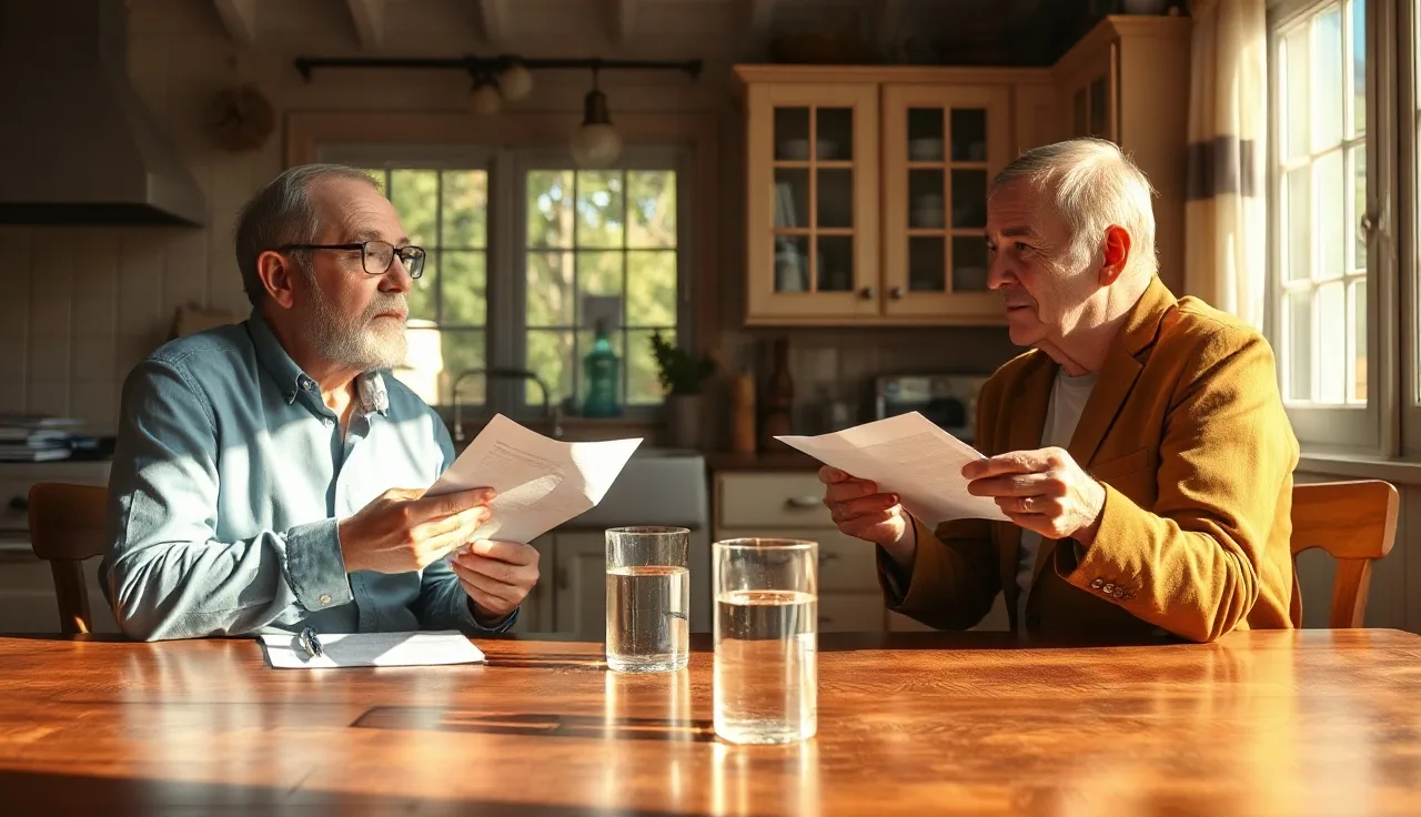 Two spouses at a kitchen table reviewing marriage separation agreement paperwork together