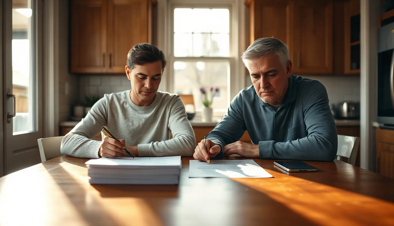 Two adults reviewing a matrimonial separation agreement at a kitchen table