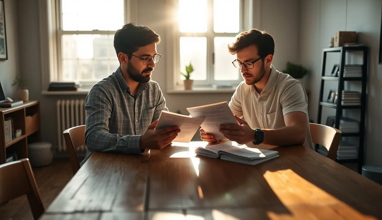 Two adults reviewing separation agreement papers at a sunlit wooden table