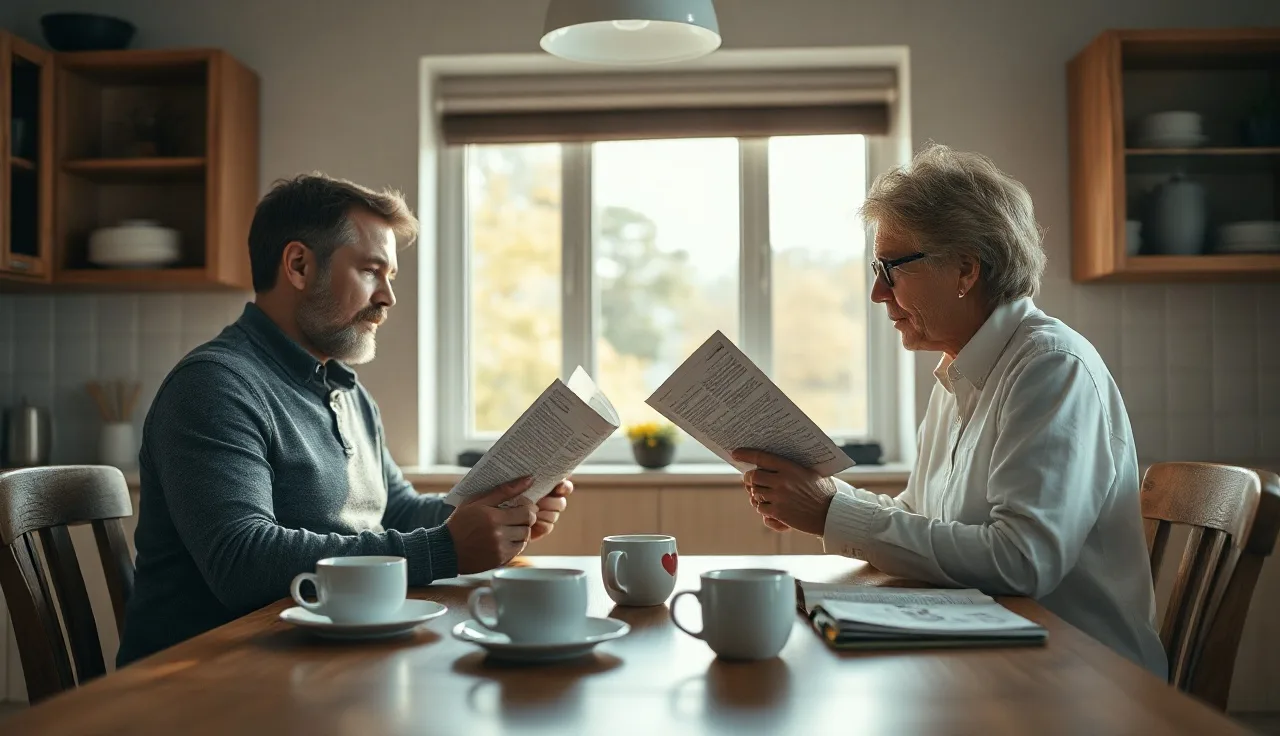 Two people reviewing separation agreement paperwork at a kitchen table in morning light