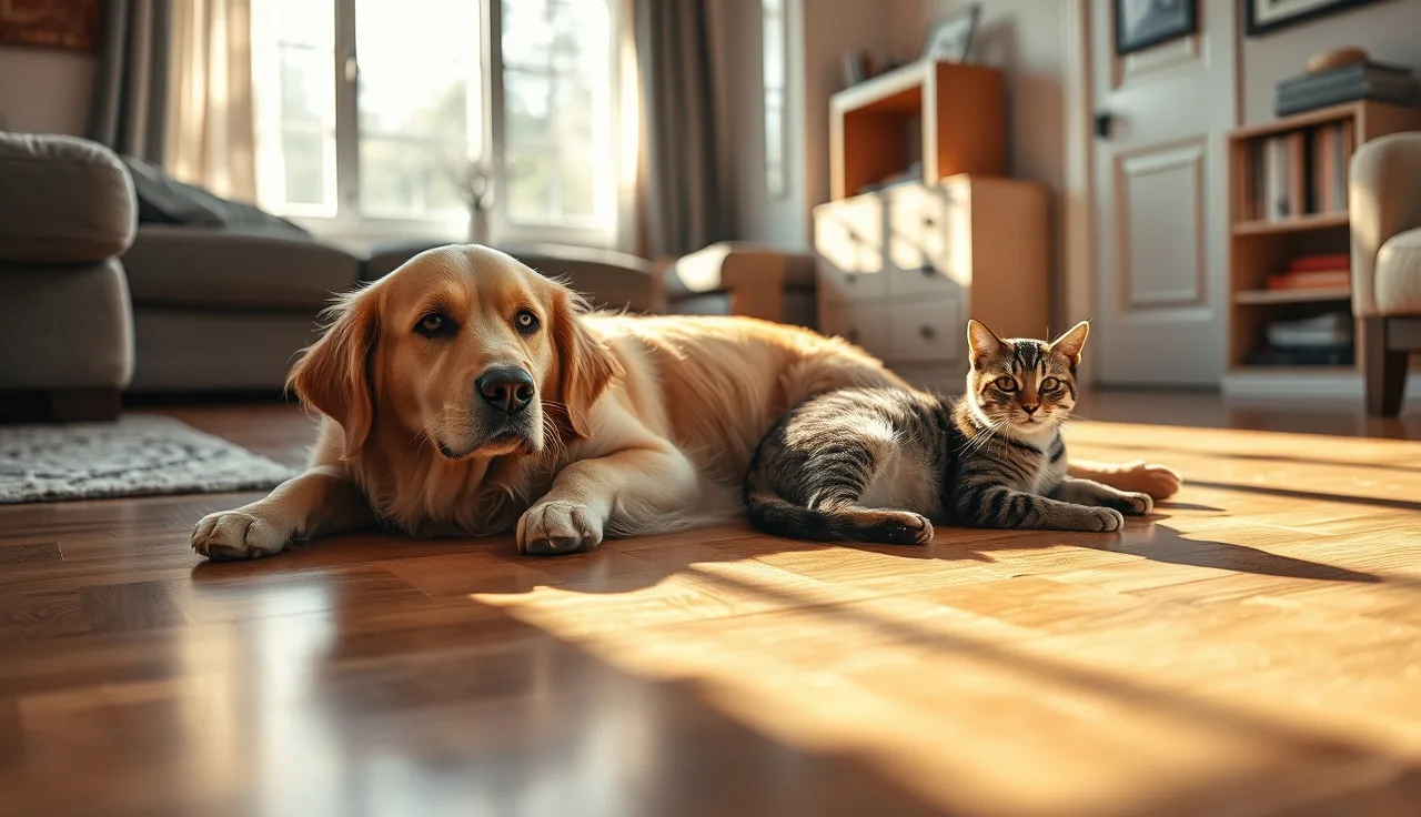 Golden retriever and tabby cat resting together on sunlit hardwood floor