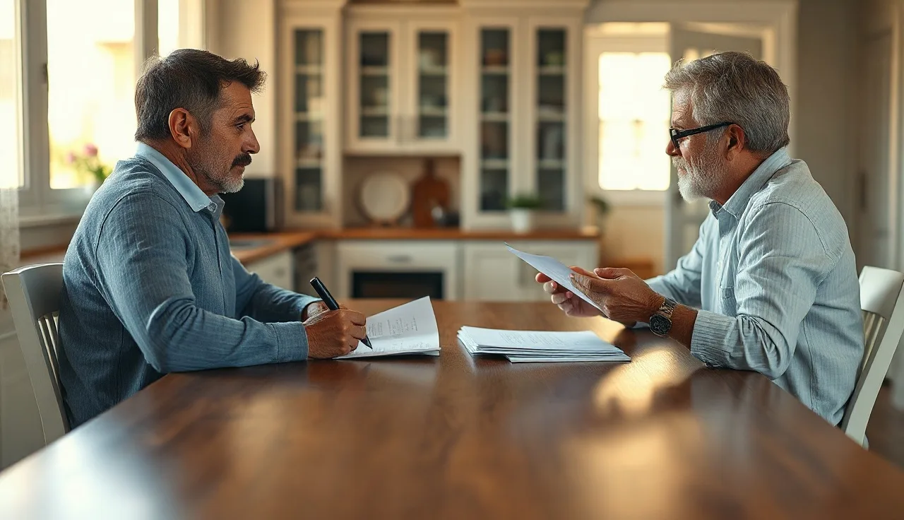 Two adults reviewing a separation agreement document at a kitchen table