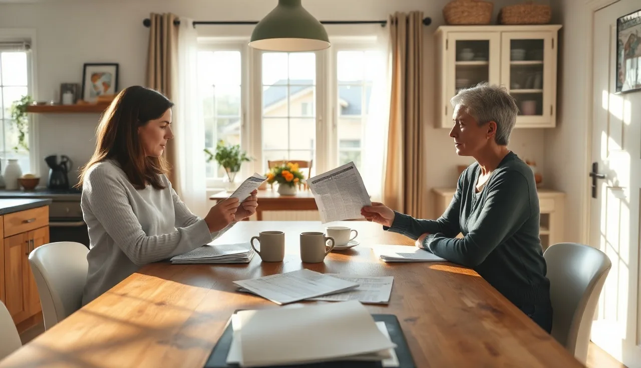 Two spouses reviewing separation agreement papers at a kitchen table