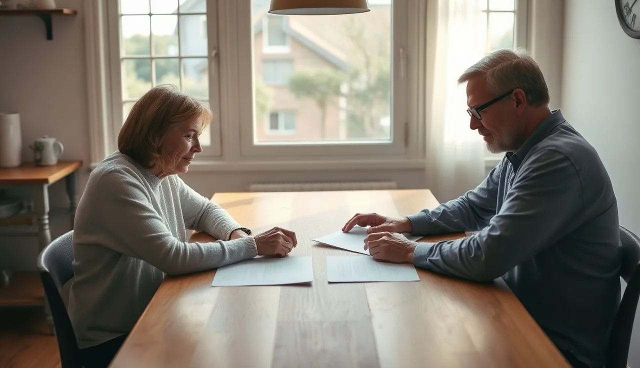 Two adults reviewing separation agreement paperwork at a sunlit kitchen table