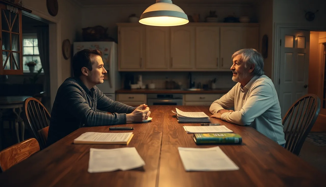 Two spouses reviewing separation agreement papers at a kitchen table