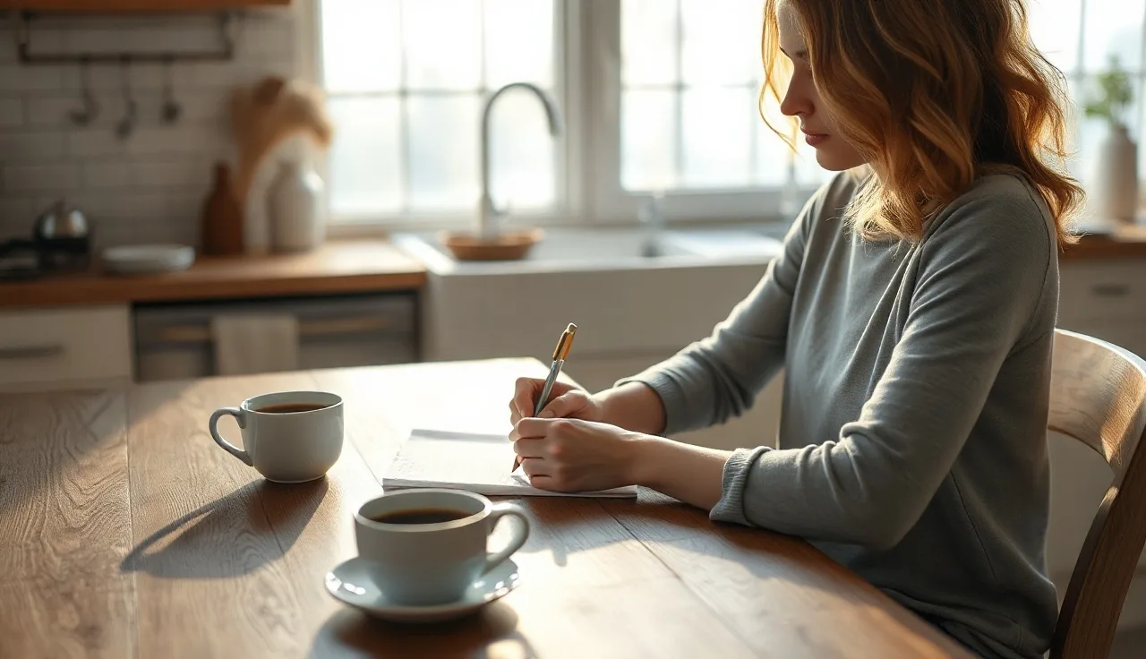Woman reviewing handwritten notes at kitchen table, morning light, Texas divorce paperwork