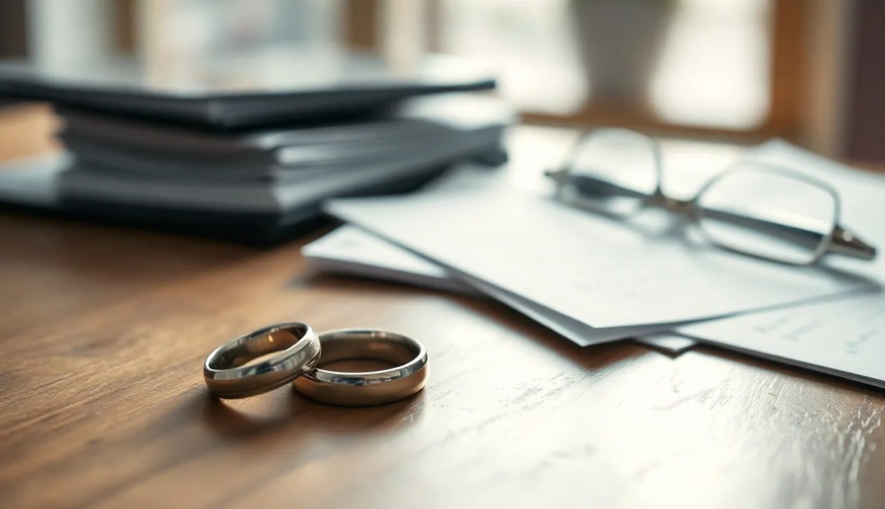 Two wedding rings and unsigned divorce documents on a wooden table