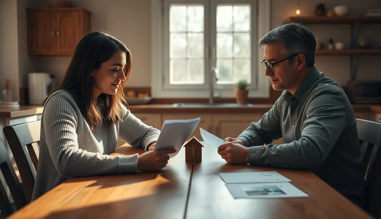 Two people dividing documents and a house key at a kitchen table during divorce