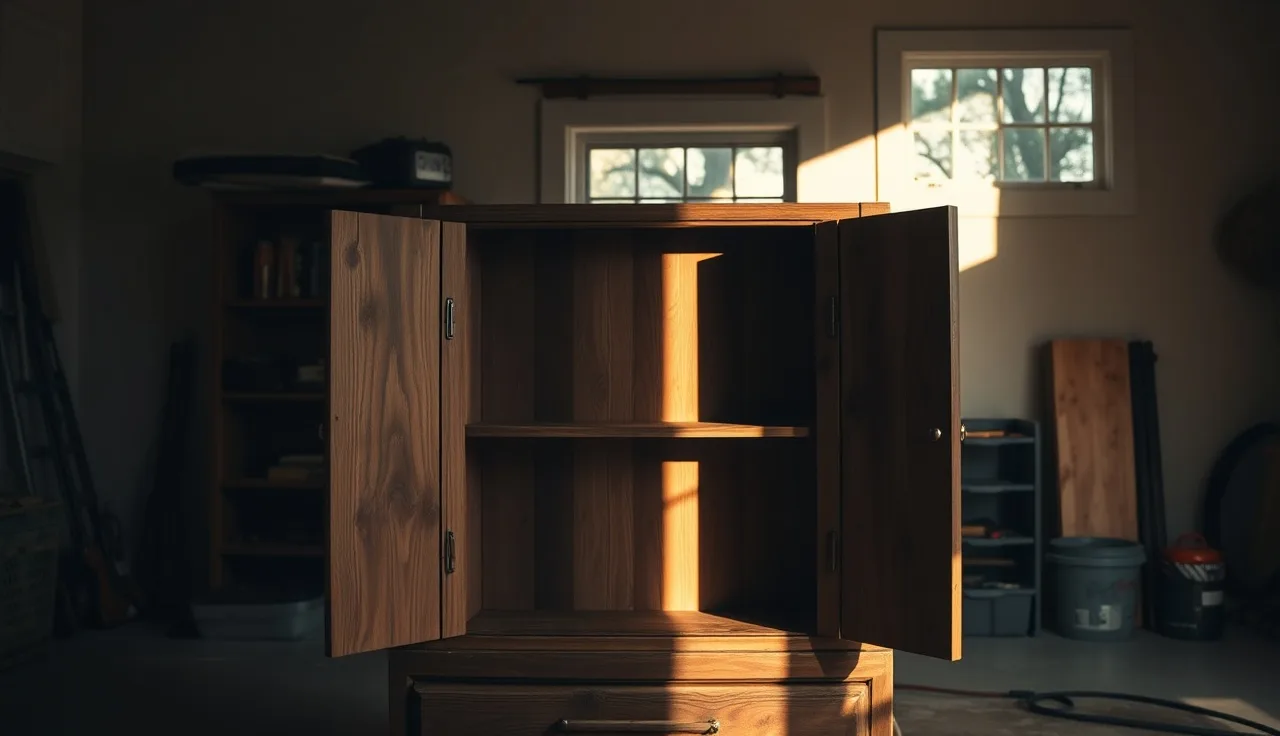 Open wooden gun cabinet in a garage during a home property division